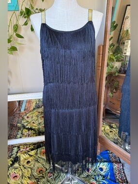 Black Fringe Mini Dress with Gold Straps, plus size 3X